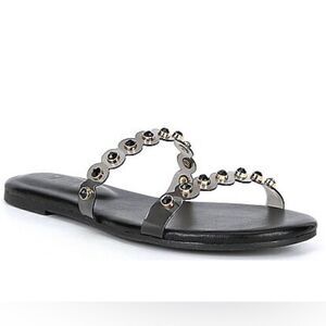 NWT Deltan Vinyl Black Rhinestones Embellished Banded Slides Sandals Size: 10